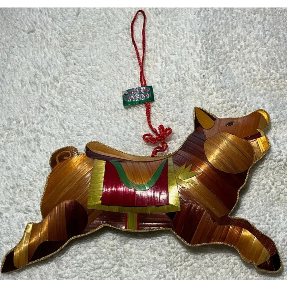 Rare Vintage Stuffed Pig Christmas Holiday Ornament Natural Leaves Material